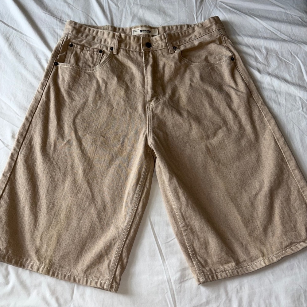 PJ Mark Mens Baggy Denim Shorts Tan Khaki Y2K Skate Streetwear Size 36